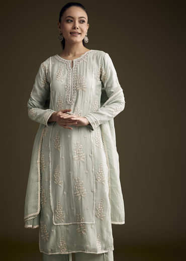 Blue Cotton Kurta Set With Intricate Resham Embroidery