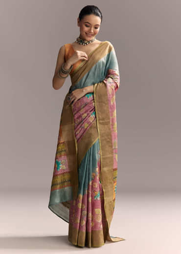 Blue Cotton Saree With Hand Painted Motifs And Brown Border