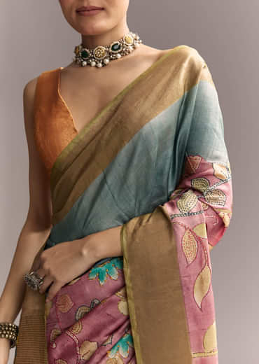 Blue Cotton Saree With Hand Painted Motifs And Brown Border