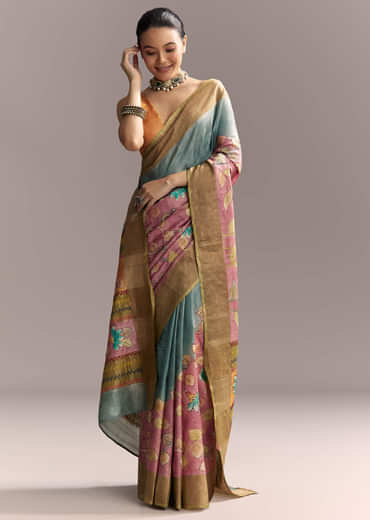 Blue Cotton Saree With Hand Painted Motifs And Brown Border