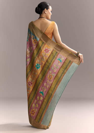 Blue Cotton Saree With Hand Painted Motifs And Brown Border