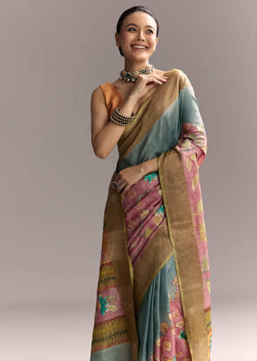 Blue Cotton Saree With Hand Painted Motifs And Brown Border