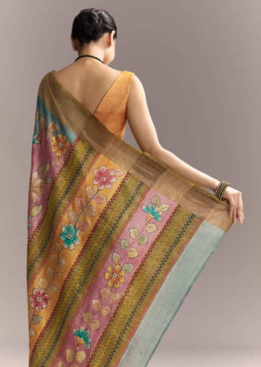 Blue Cotton Saree With Hand Painted Motifs And Brown Border