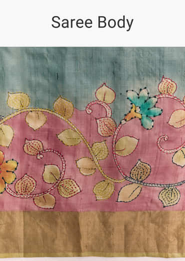 Blue Cotton Saree With Hand Painted Motifs And Brown Border