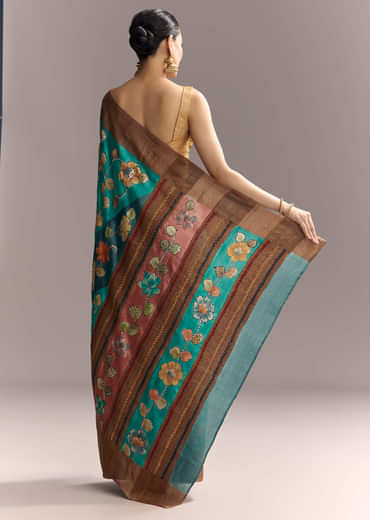 Blue Cotton Silk Hand Painted Saree With Brown Border