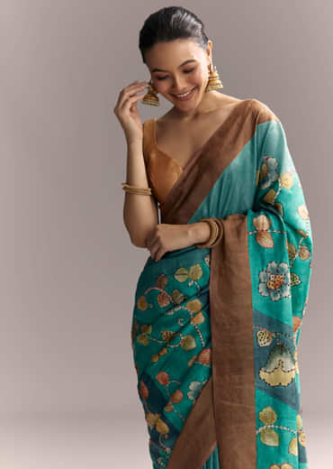 Blue Cotton Silk Hand Painted Saree With Brown Border