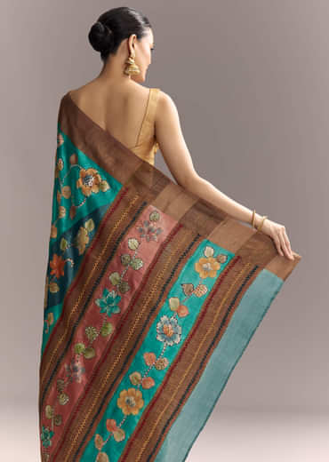 Blue Cotton Silk Hand Painted Saree With Brown Border