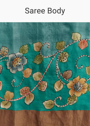 Blue Cotton Silk Hand Painted Saree With Brown Border