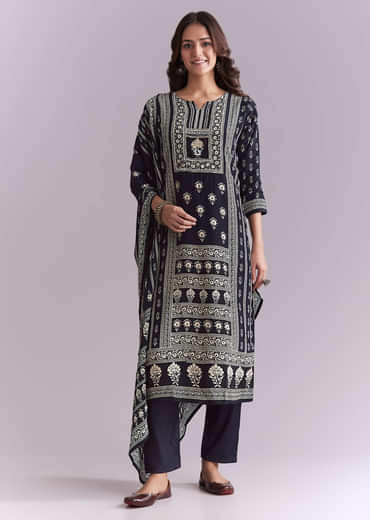 Blue Crepe Kurta Set With Indie Print And Moti Detail