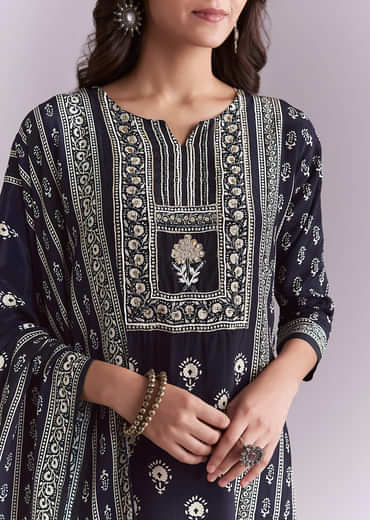 Blue Crepe Kurta Set With Indie Print And Moti Detail