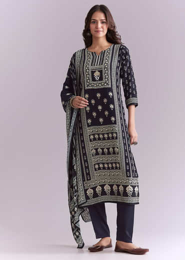 Blue Crepe Kurta Set With Indie Print And Moti Detail
