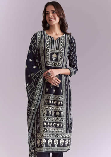 Blue Crepe Kurta Set With Indie Print And Moti Detail