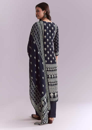 Blue Crepe Kurta Set With Indie Print And Moti Detail