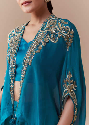 Blue Crop Top Skirt Set with Sequin Cape