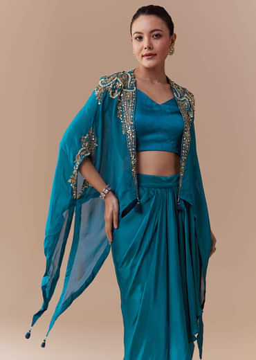 Blue Crop Top Skirt Set with Sequin Cape