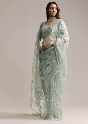 Blue Crush Tissue Saree With Heavy Floral Embroidery