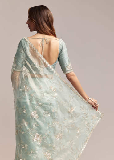 Blue Crush Tissue Saree With Heavy Floral Embroidery