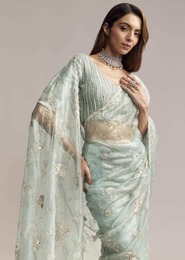 Blue Crush Tissue Saree With Heavy Floral Embroidery