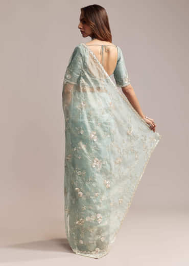 Blue Crush Tissue Saree With Heavy Floral Embroidery