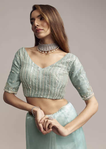 Blue Crush Tissue Saree With Heavy Floral Embroidery