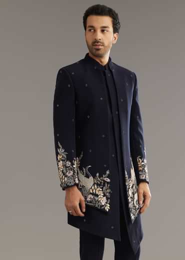 Blue Cutdana Embroidered Indo Western Set With Bird And Floral Motif