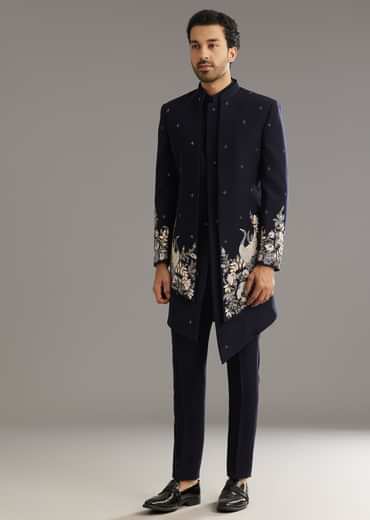 Blue Cutdana Embroidered Indo Western Set With Bird And Floral Motif