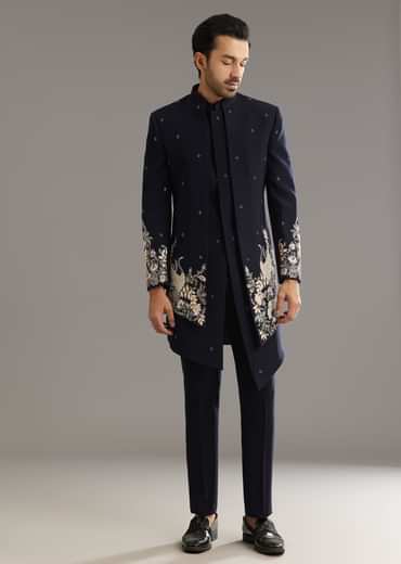 Blue Cutdana Embroidered Indo Western Set With Bird And Floral Motif