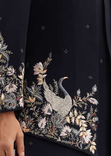 Blue Cutdana Embroidered Indo Western Set With Bird And Floral Motif