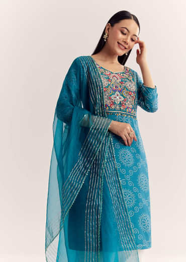 Blue Dola Silk Printed Kurta Dupatta Set With Embroidered Neckline