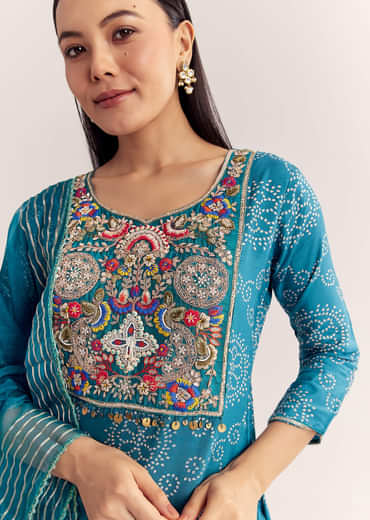 Blue Dola Silk Printed Kurta Dupatta Set With Embroidered Neckline
