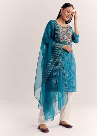 Blue Dola Silk Printed Kurta Dupatta Set With Embroidered Neckline