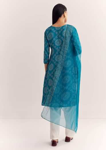 Blue Dola Silk Printed Kurta Dupatta Set With Embroidered Neckline