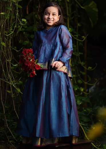 Kalki Girls Blue Dress In Cotton Silk With A Loose Comfort Fit And Tie Up At The Back By Love The World Today