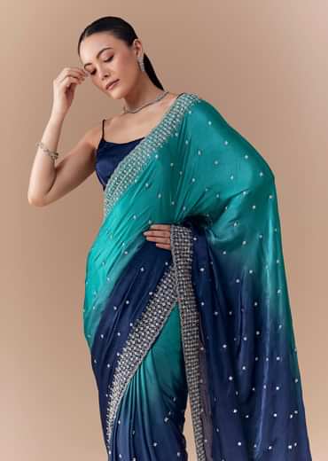 Blue Dual Shaded Embellished Saree with Blouse Fabric