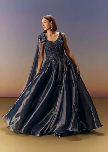 Blue Embroidered Gown With Asymmetric Shoulder Cape