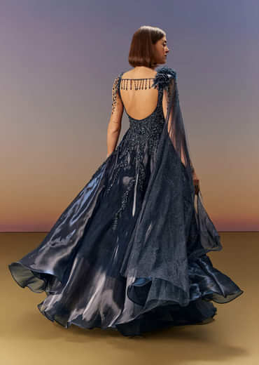 Blue Embroidered Gown With Asymmetric Shoulder Cape
