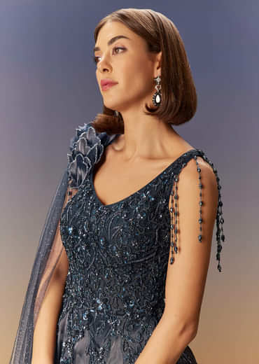 Blue Embroidered Gown With Asymmetric Shoulder Cape