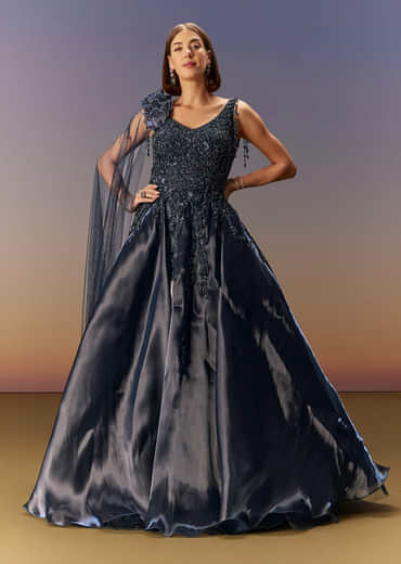 Blue Embroidered Gown With Asymmetric Shoulder Cape