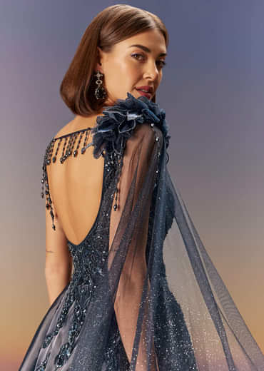 Blue Embroidered Gown With Asymmetric Shoulder Cape