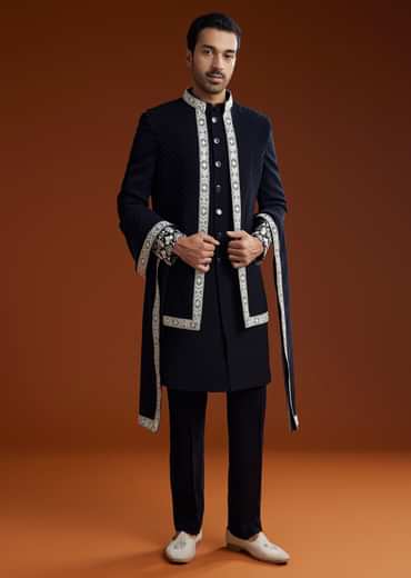 Blue Embroidered Indo Western Jacket Set With Dupatta