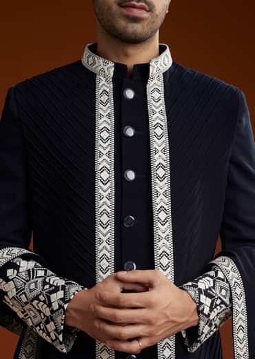 Blue Embroidered Indo Western Jacket Set With Dupatta