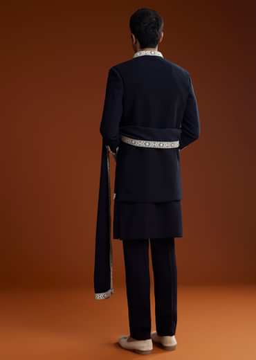 Blue Embroidered Indo Western Jacket Set With Dupatta