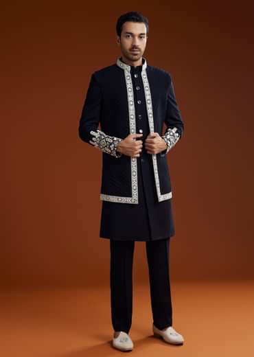 Blue Embroidered Indo Western Jacket Set With Dupatta