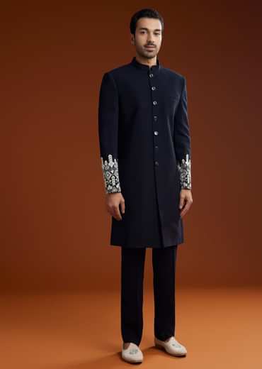 Blue Embroidered Indo Western Jacket Set With Dupatta