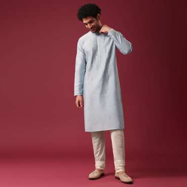 Blue Embroidered Kurta Set In Silk