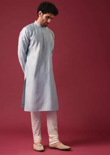 Blue Embroidered Kurta Set In Silk