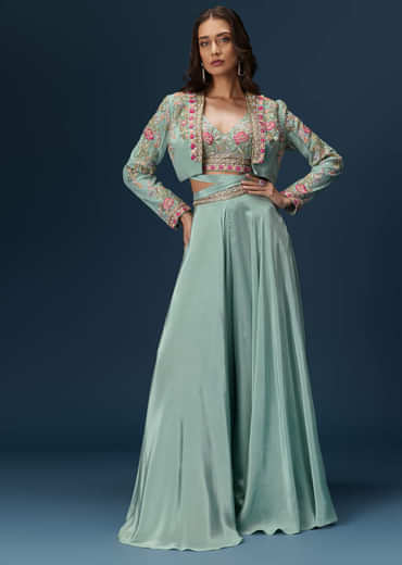 Blue Embroidered Palazzo Set With Coordinated Jacket And Blouse