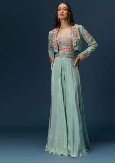 Blue Embroidered Palazzo Set With Coordinated Jacket And Blouse