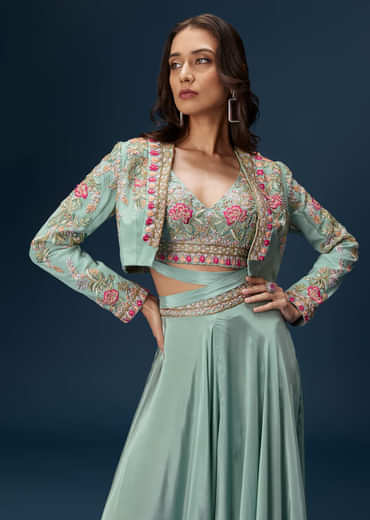 Blue Embroidered Palazzo Set With Coordinated Jacket And Blouse