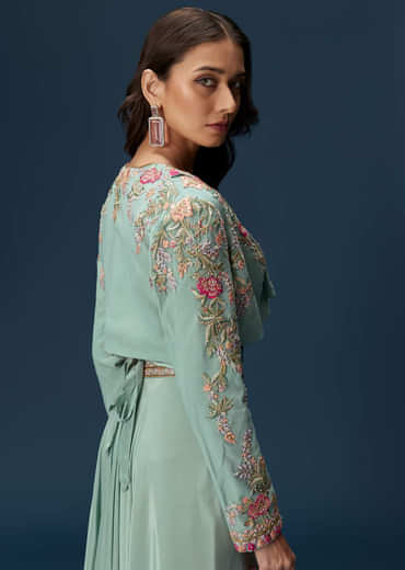 Blue Embroidered Palazzo Set With Coordinated Jacket And Blouse